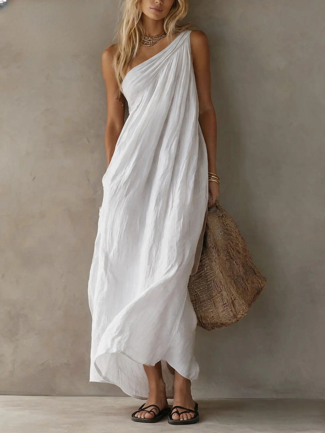 Gracia One Shoulder Linen Maxi Dress