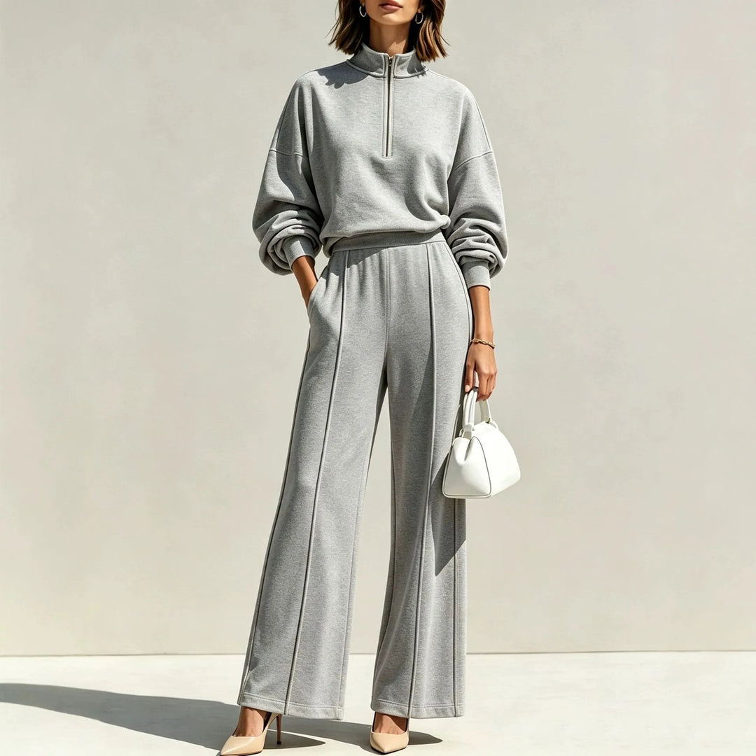 Gray quarter zip sweatsuit set with pintuck detail pants
