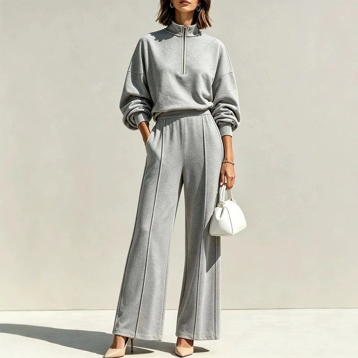 Gray quarter zip sweatsuit set with pintuck detail pants