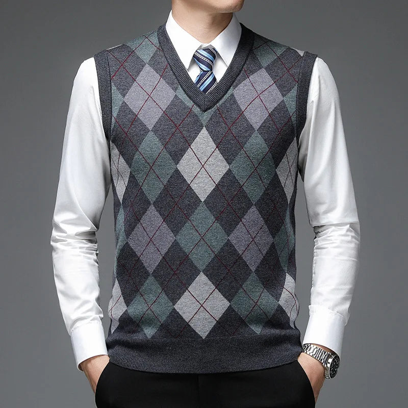 Man wearing dark gray argyle sweater vest close up
