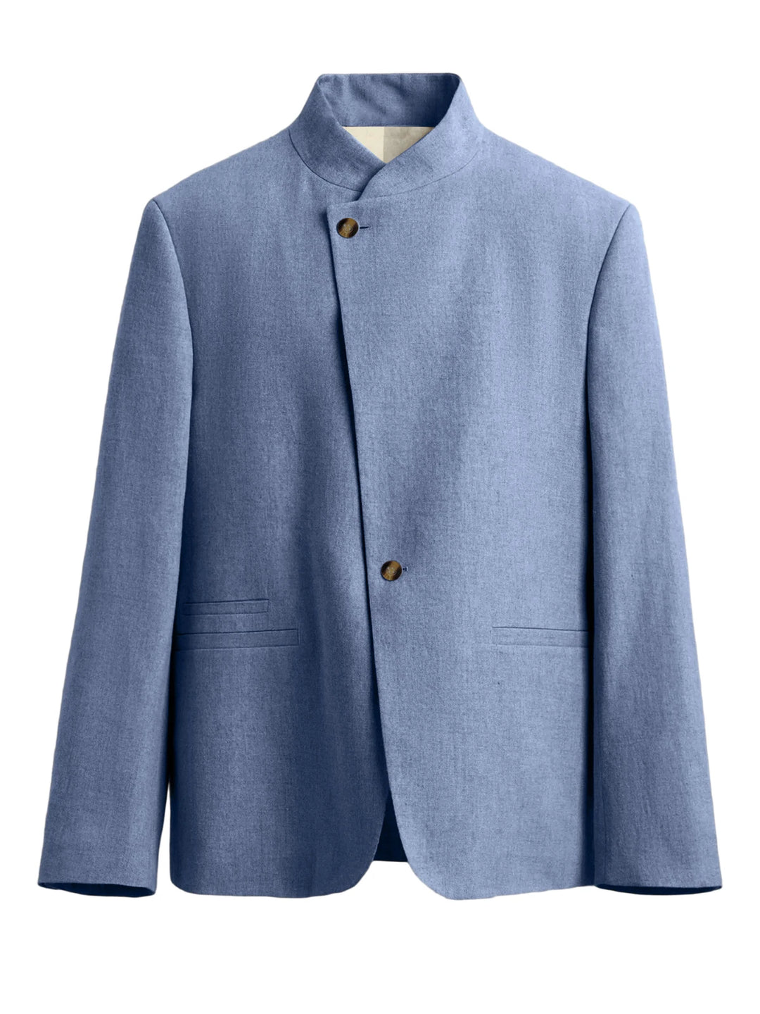 Sky blue mandarin collar blazer with asymmetric button front