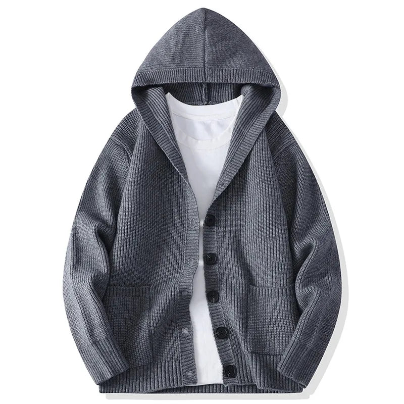 Charcoal gray hooded button-front knit cardigan, front view