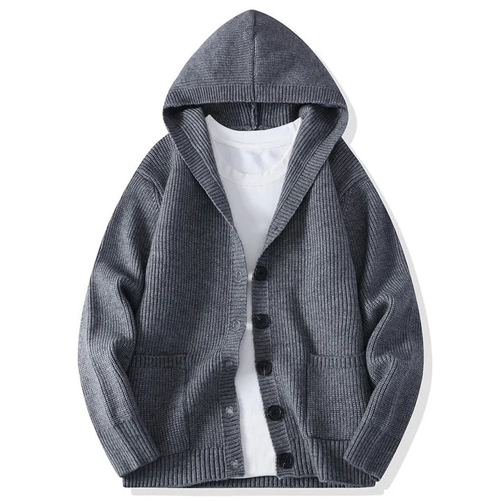 Charcoal gray hooded button-front knit cardigan, front view