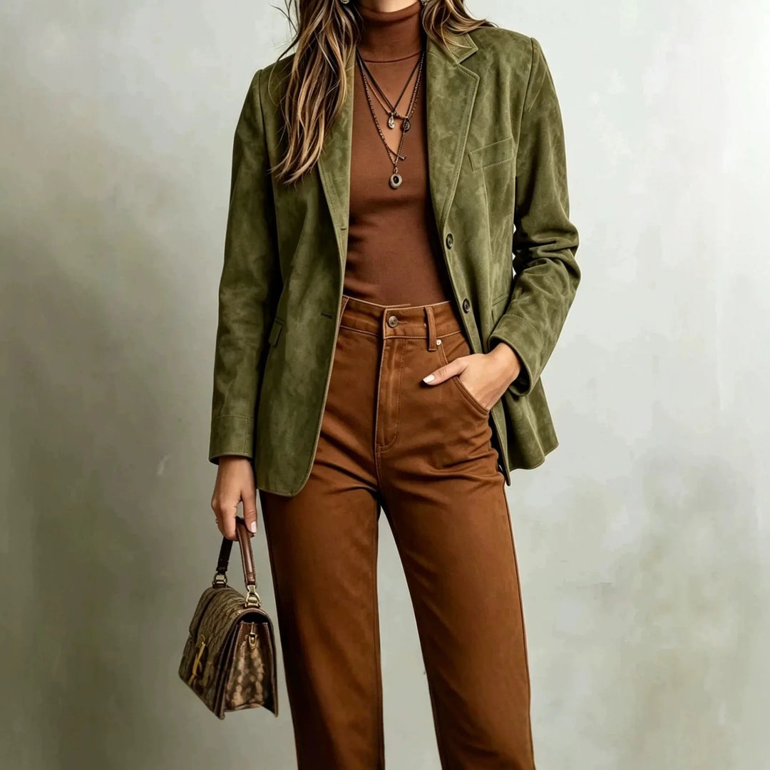 Woman wearing army green suede-look blazer with handbag
