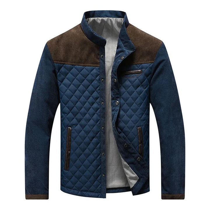 Men's quilted jacket in navy with brown shoulder yoke, front view