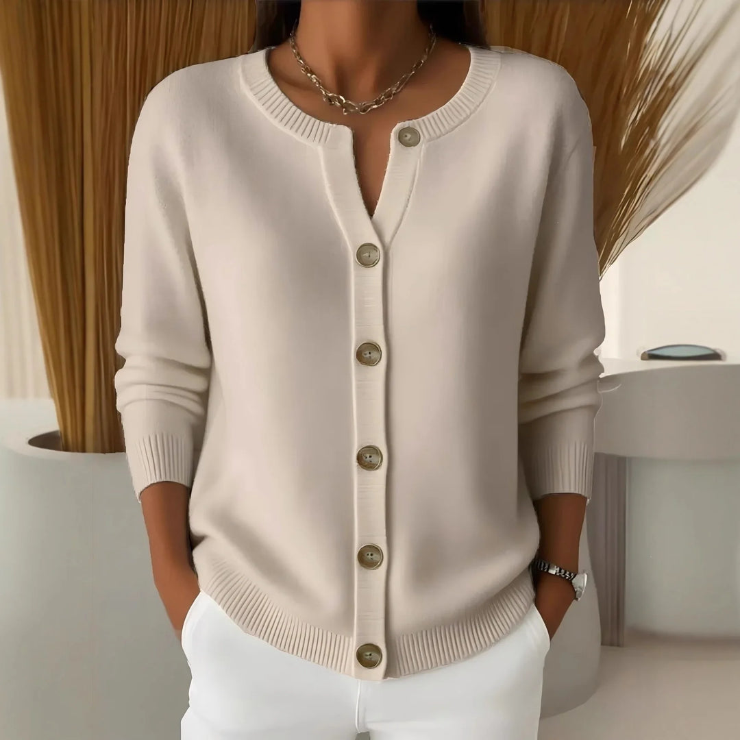 Apricot button-front knit cardigan, front view