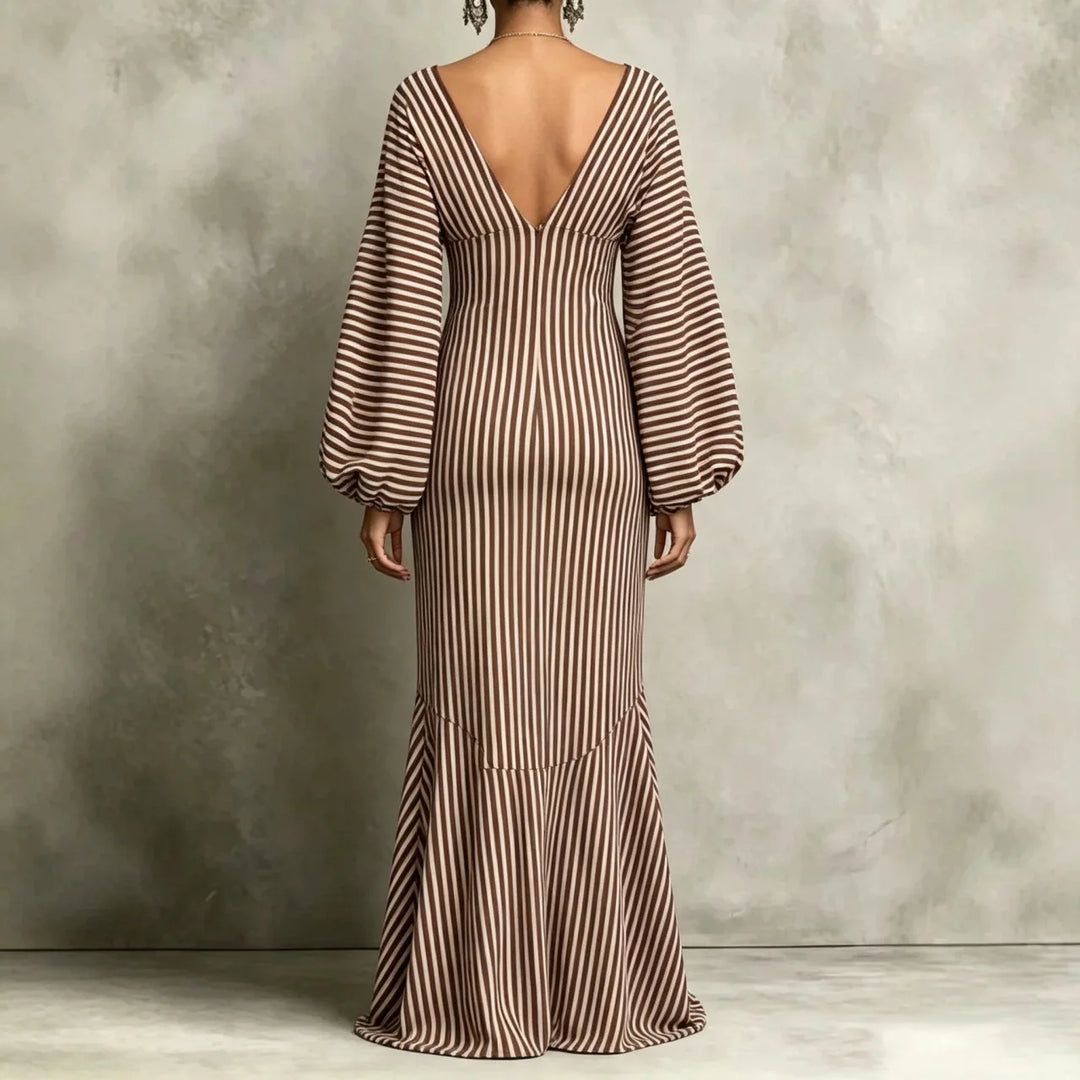 Coffee striped maxi dress back view showing V-back and mermaid hem