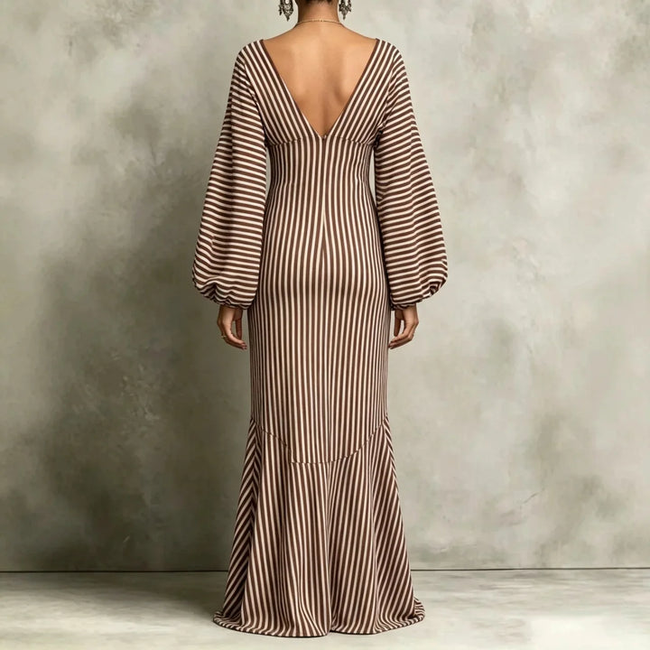 Coffee striped maxi dress back view showing V-back and mermaid hem