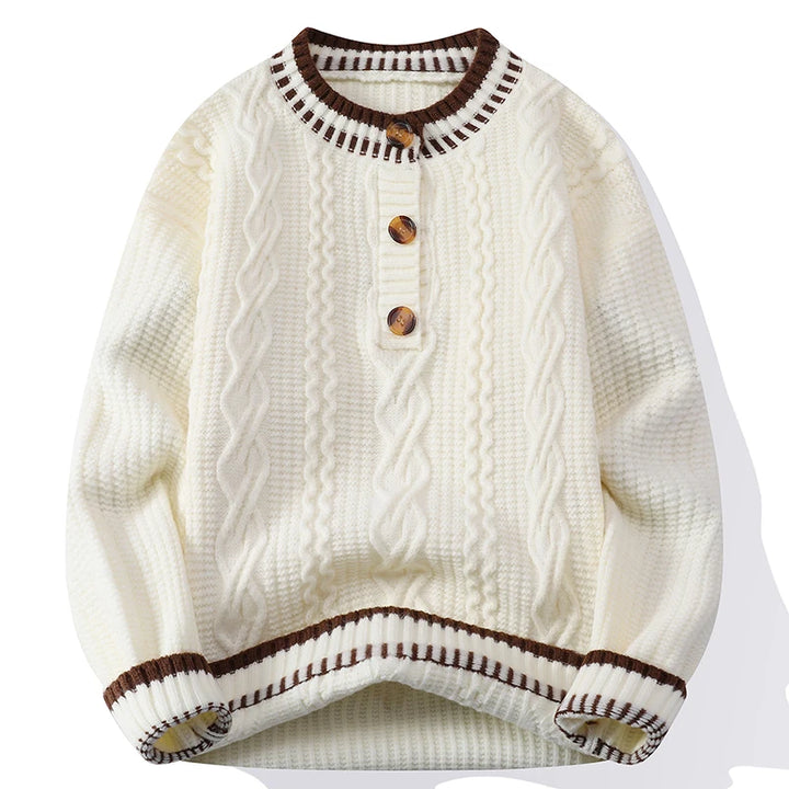 Cream cable knit pullover sweater with brown contrast trim and button placket, front view