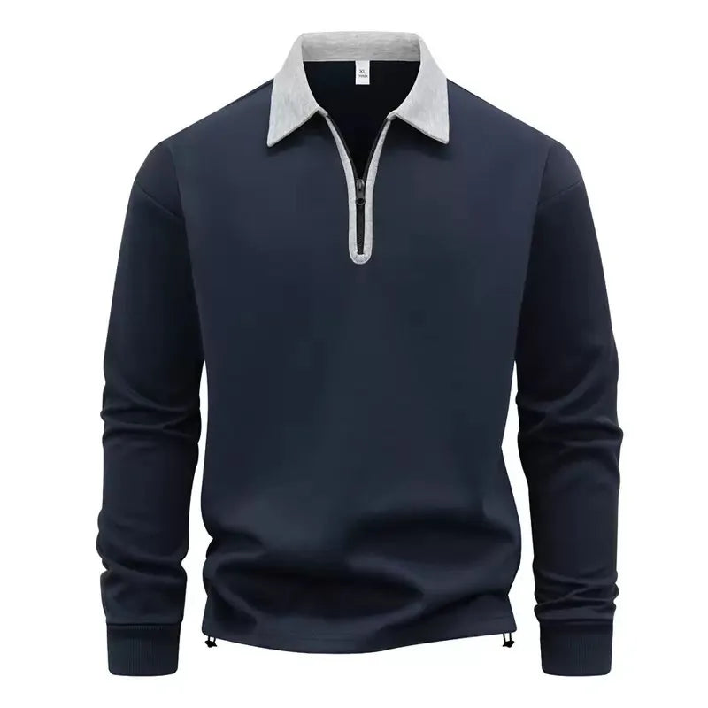Navy blue quarter zip polo sweatshirt with gray contrast collar, front view