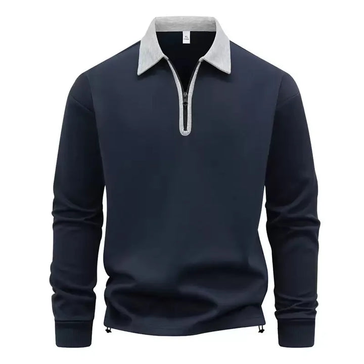 Navy blue quarter zip polo sweatshirt with gray contrast collar, front view