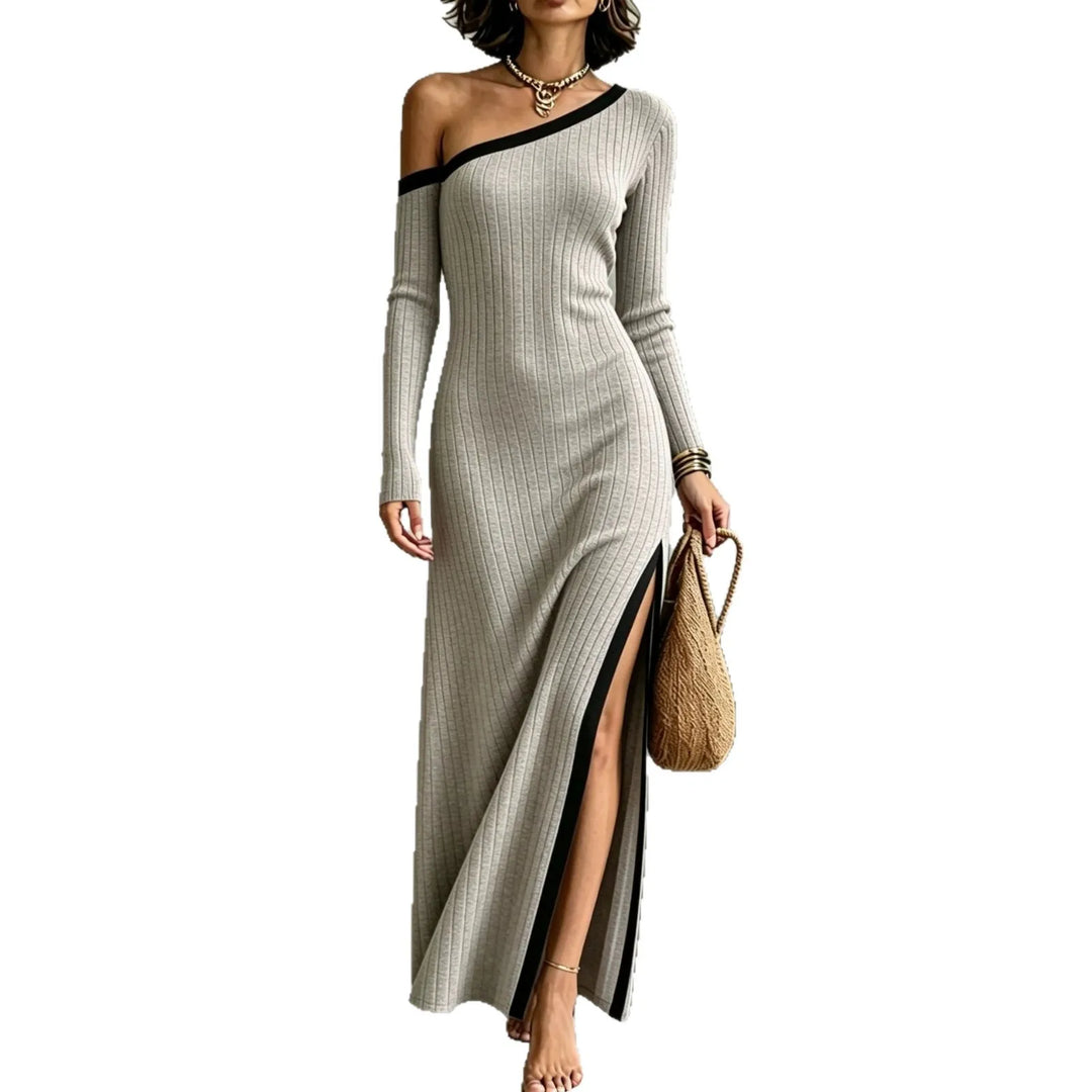 Gray ribbed knit off-shoulder maxi dress on white background