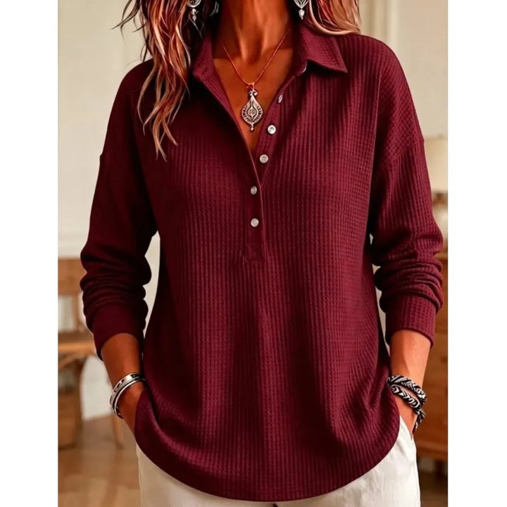 Burgundy waffle knit polo shirt, front view
