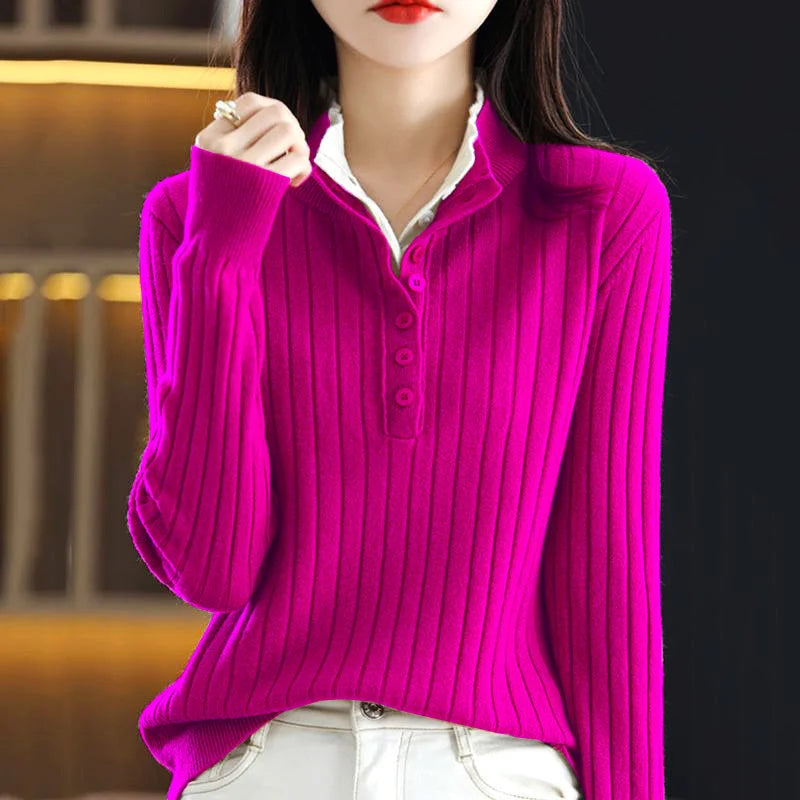 Rose red ribbed knit button up collar sweater on model