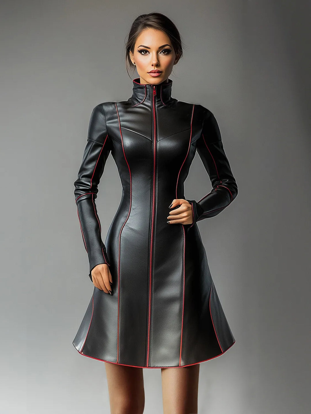 Model wearing black faux leather mini dress with high stand collar and red piping