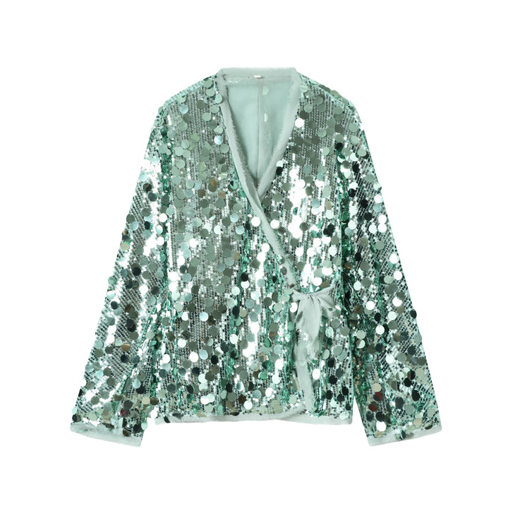 Turquoise sequin kimono jacket with tie waist