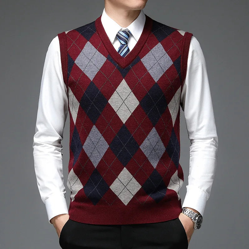 Man wearing burgundy argyle sweater vest with tie