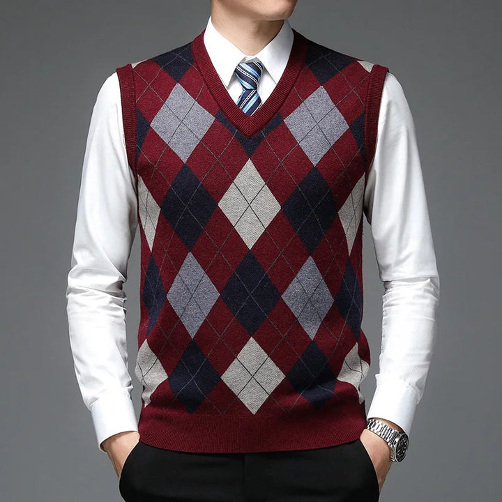 Man wearing burgundy argyle sweater vest with tie