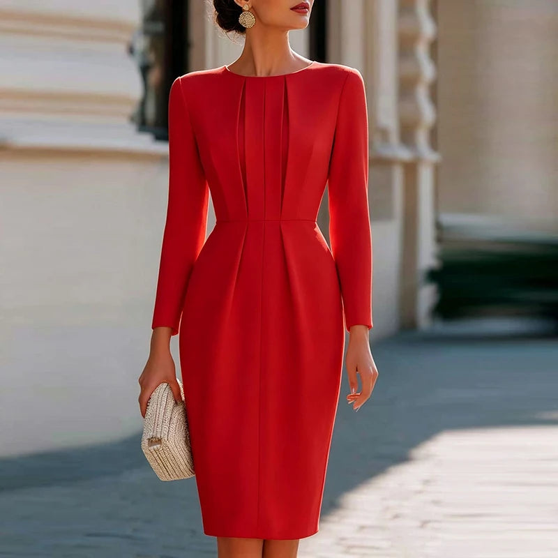 Red long sleeve pleated front sheath midi dress, front view
