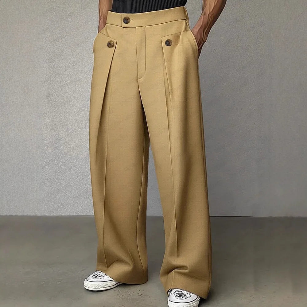 Khaki wide leg trousers with button tab pockets, front view