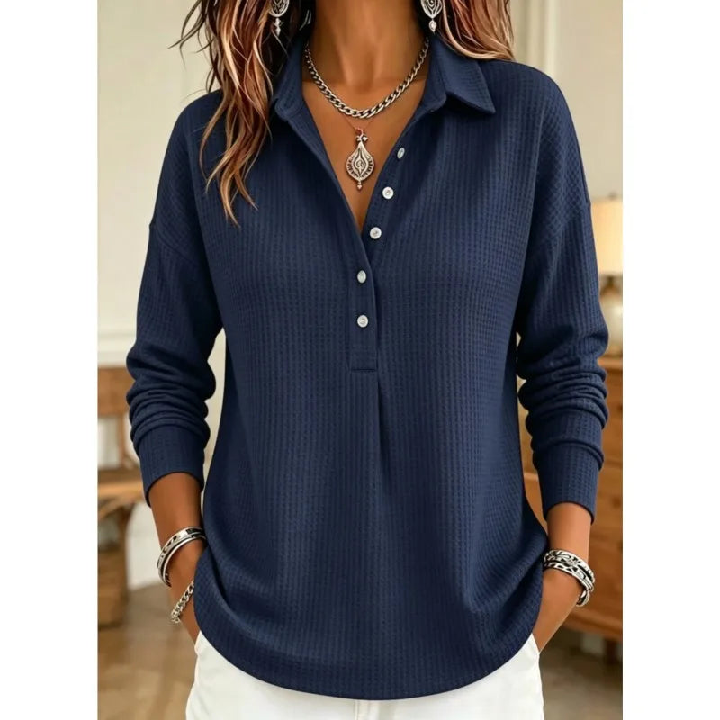 Navy blue waffle knit polo shirt, front view