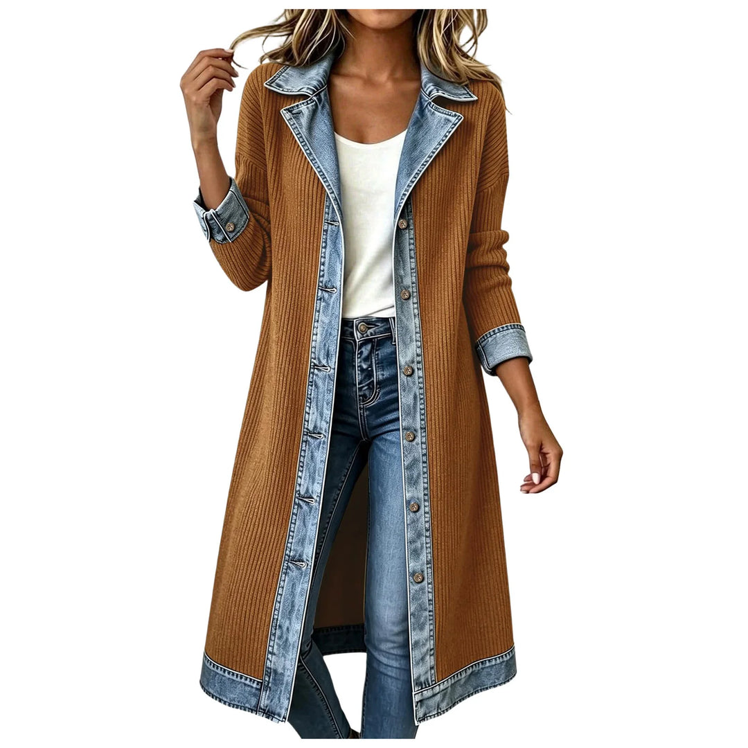 Brown ribbed knit long cardigan coat with denim trim detail