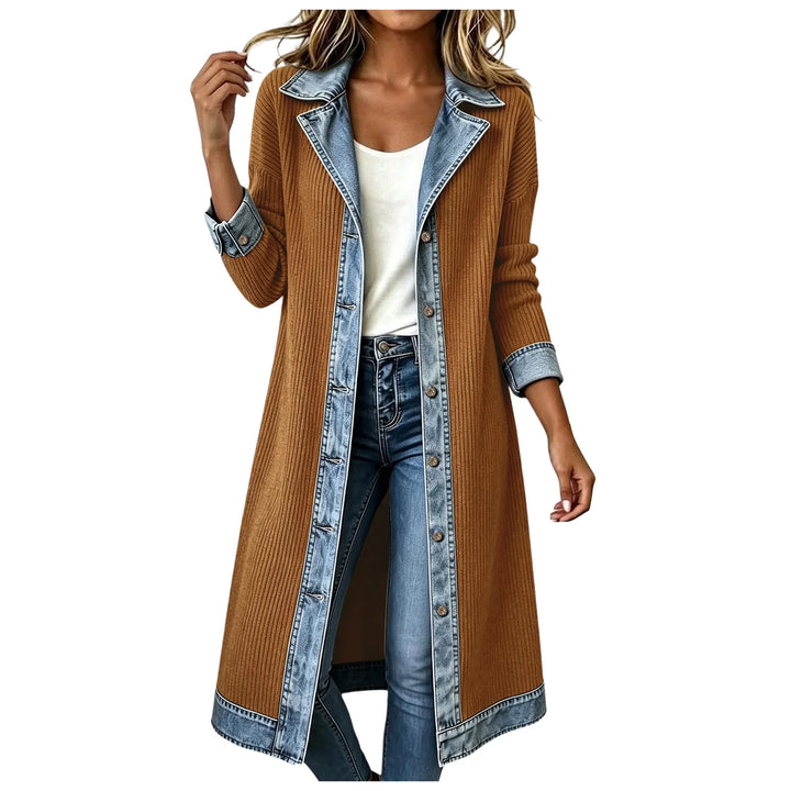 Brown ribbed knit long cardigan coat with denim trim detail
