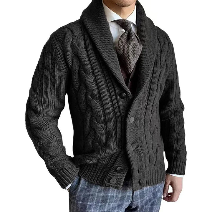 Black cable knit shawl collar cardigan on model