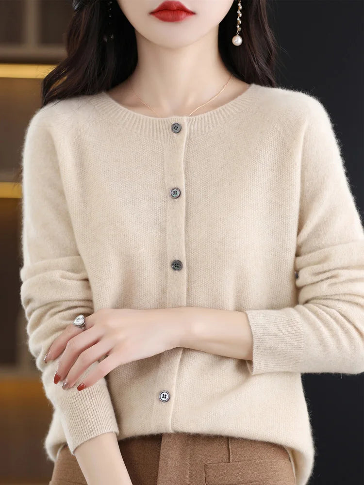 Beige button front knit cardigan close up