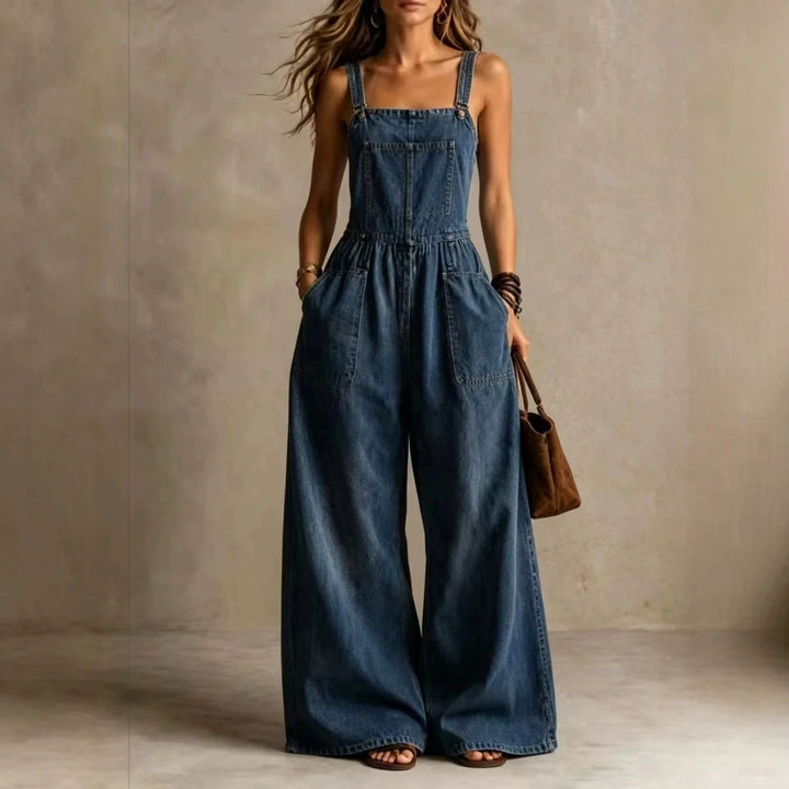 Eliana Wide Leg Denim Overall Jumpsuit