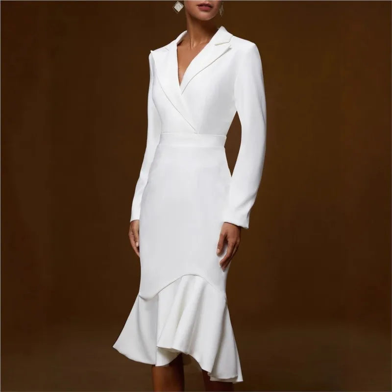 White notched lapel mermaid dress front view