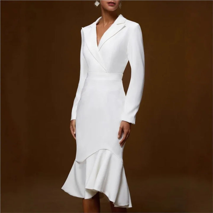 White notched lapel mermaid dress front view