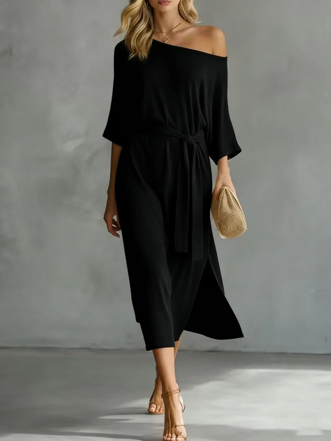 Elodie Off Shoulder Waist Tie Midi Dress
