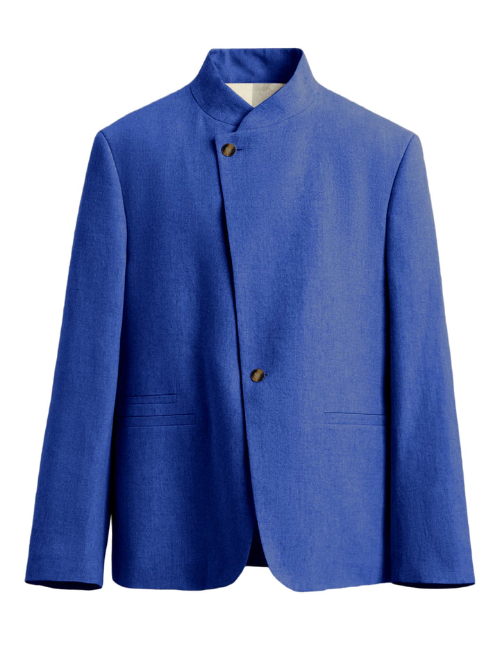 Royal blue mandarin collar blazer with asymmetric button front