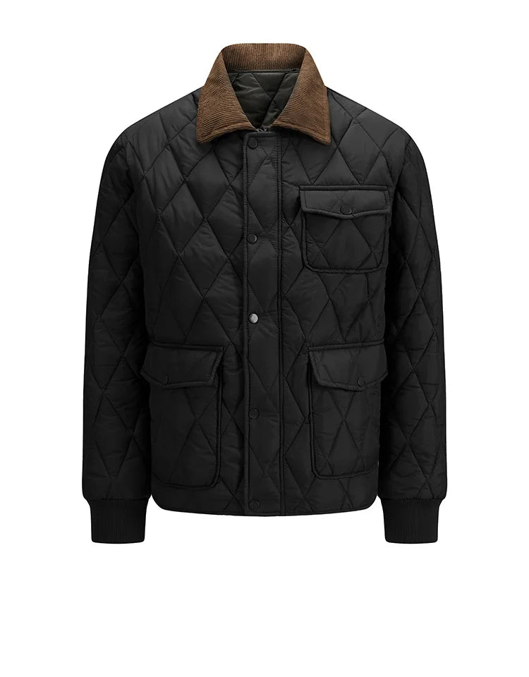 Black quilted jacket with corduroy collar, flat front view