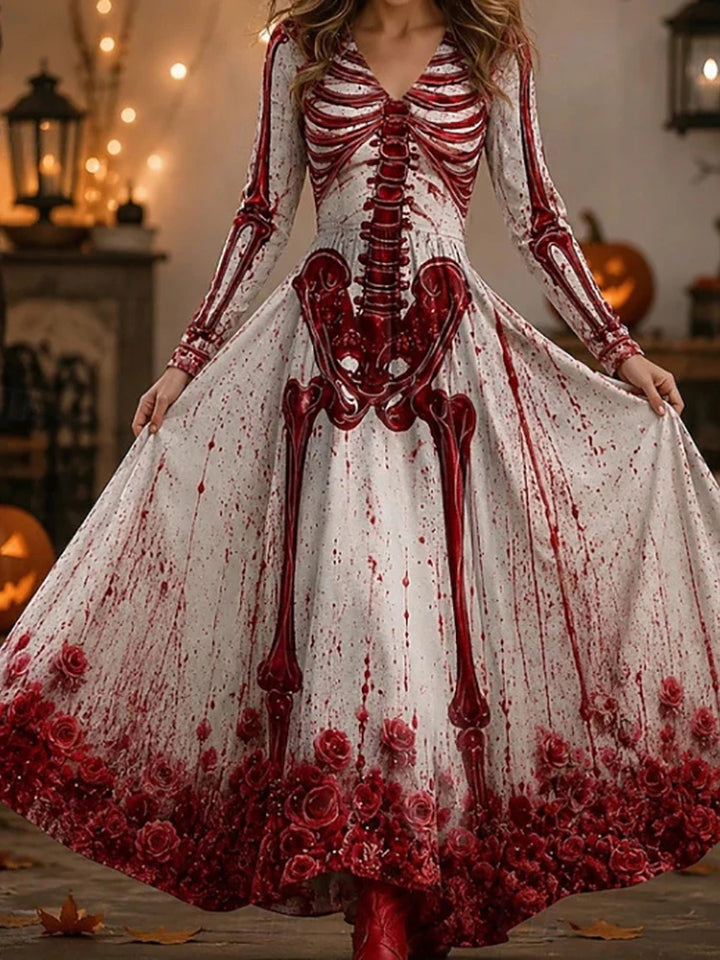 White maxi dress with red skeleton rib cage print and rose hem detail