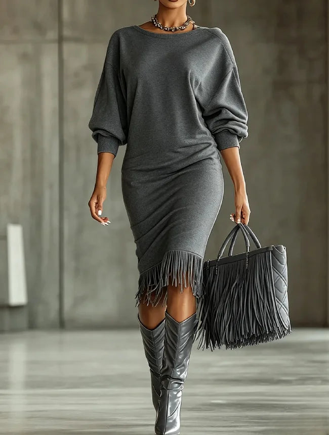 Marisette Fringe Hem Sweater Dress