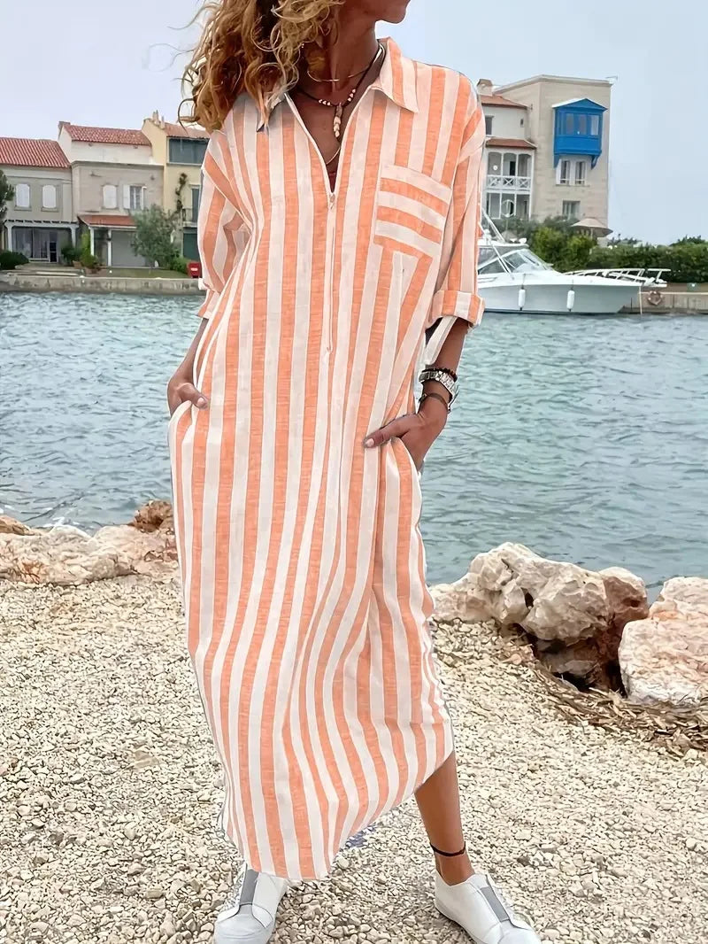 CelesseStriped Maxi Shirt Dress