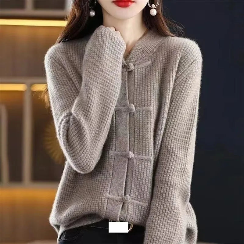 Camel knit cardigan with knotted button detail