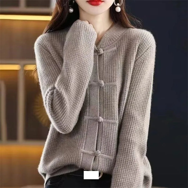 Camel knit cardigan with knotted button detail