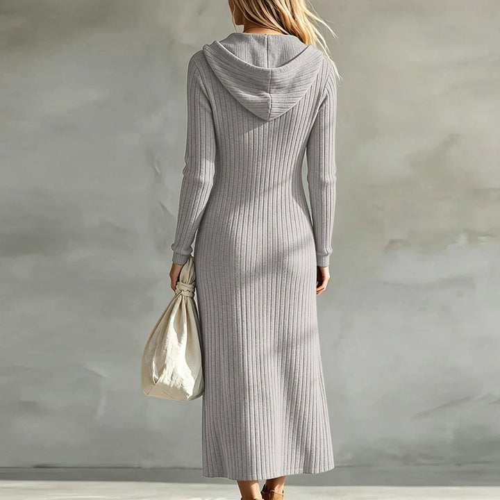 Back view of gray hooded ribbed knit maxi dress