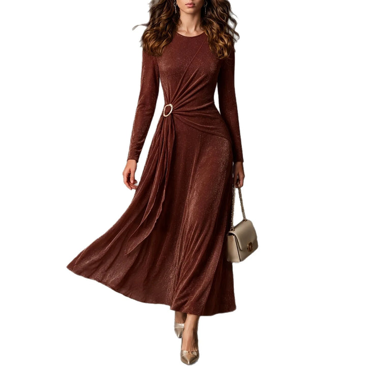 Red velvet maxi dress with ring buckle waist detail on white background