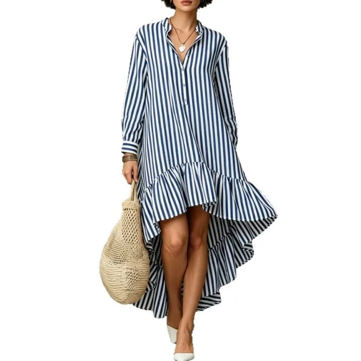 Blue and white striped high-low midi dress with stand collar, front view on white background