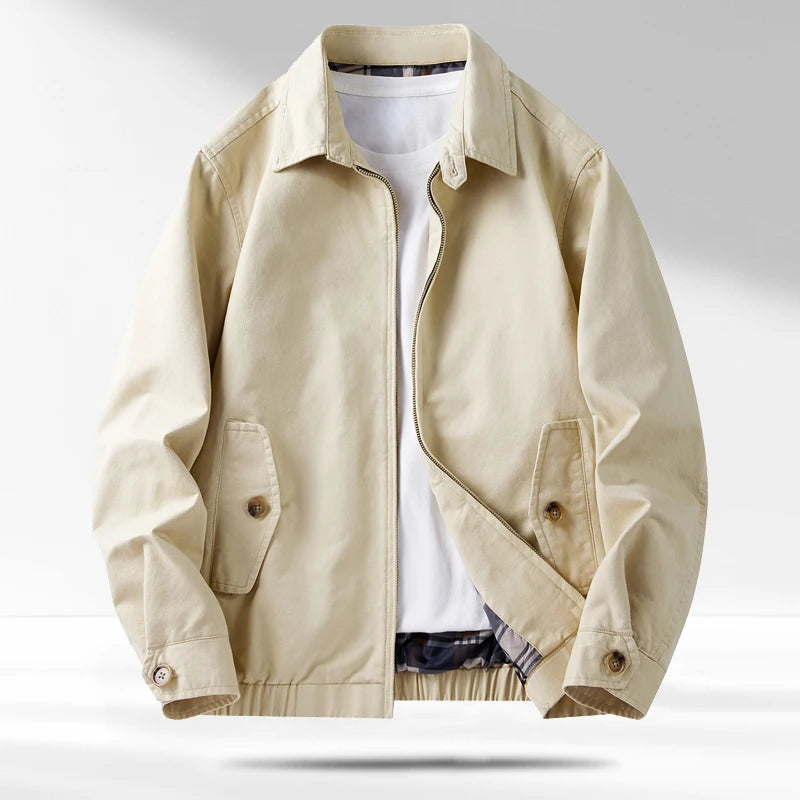 Off-white cotton jacket with turn-down collar, front view