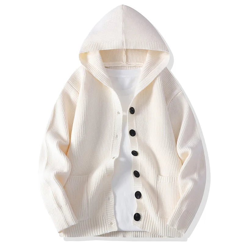 Cream hooded button-front knit cardigan, front view