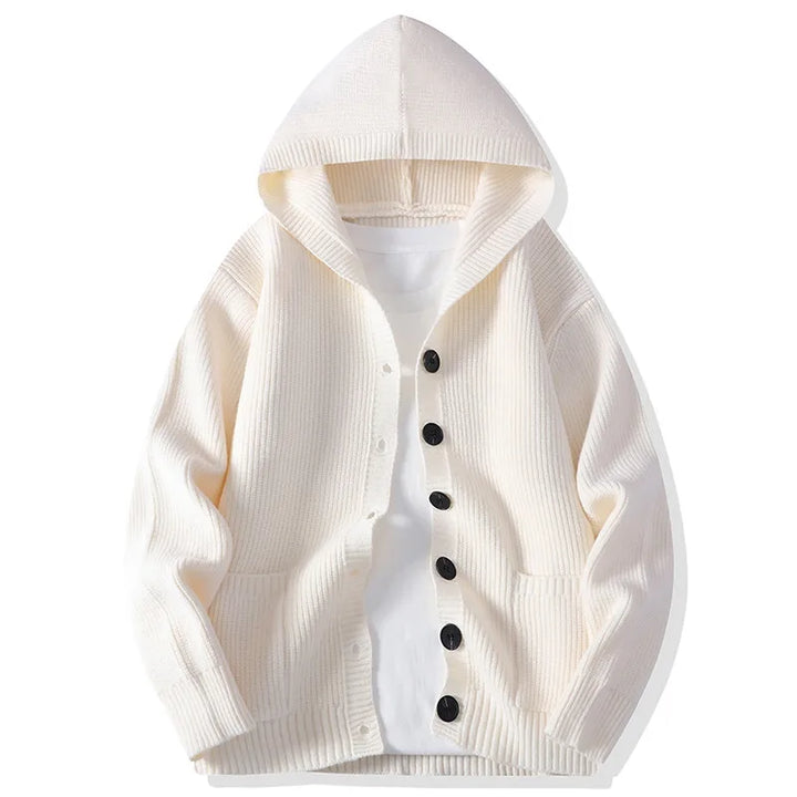 Cream hooded button-front knit cardigan, front view