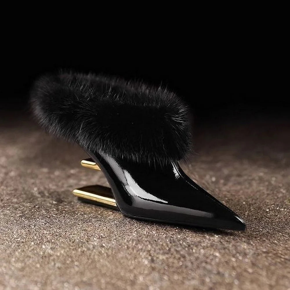 Black patent mule with faux fur collar, front angle