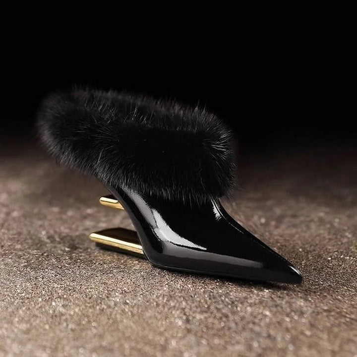 Black patent mule with faux fur collar, front angle