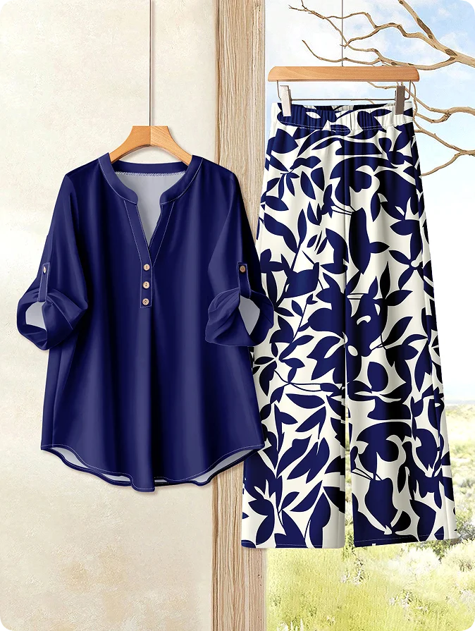 Noravie Printed Loose Top Wide Leg Pants Set