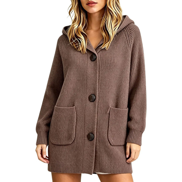 Woman wearing brown hooded knit cardigan with button front